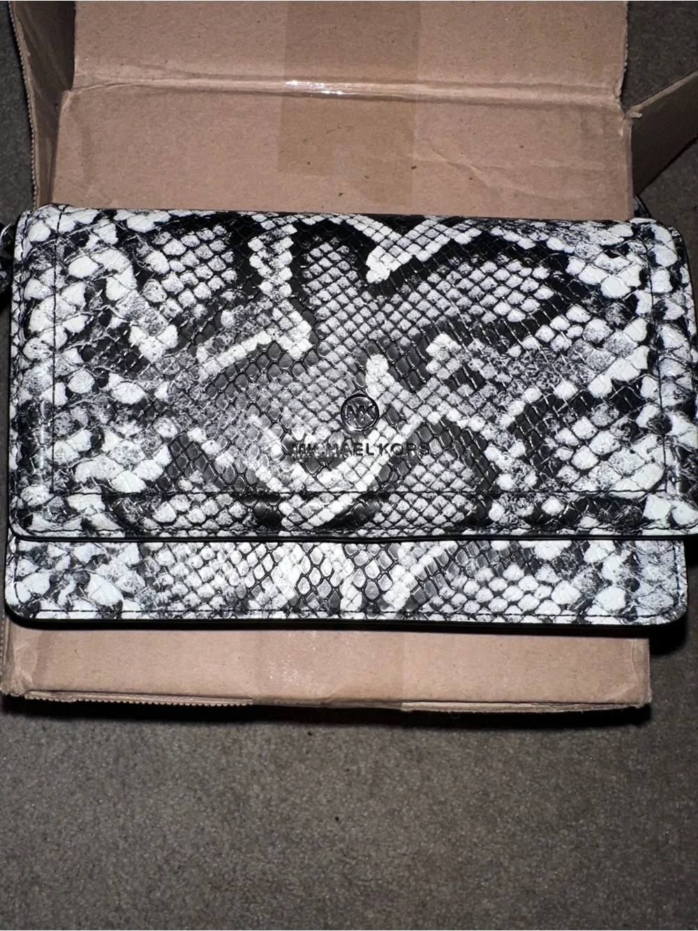 MICHAEL Michael Kors Black and White Snake-Print Crossbody Wallet